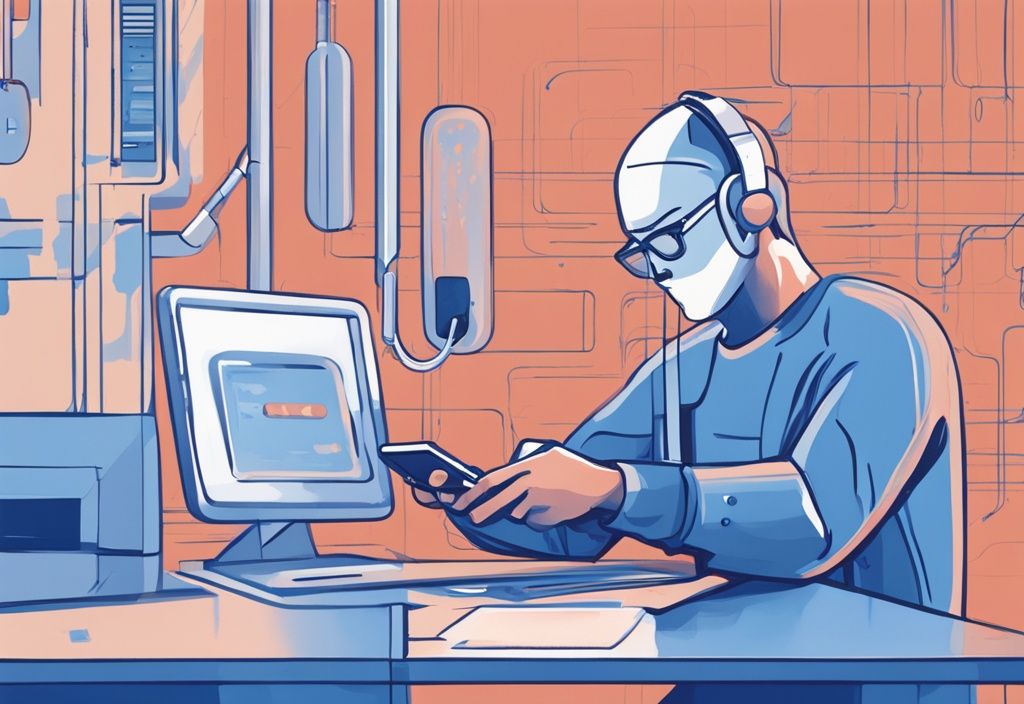 Person testet die Sicherheit und Benutzerfreundlichkeit der Muun Wallet App auf Smartphone, moderne digitale Illustration, Hauptfarbe Blau.