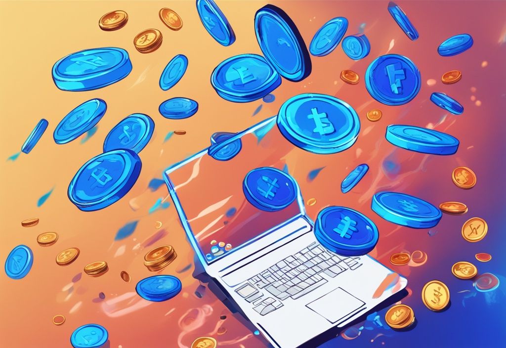 Moderne digitale Illustration mit blauem Farbschema, zeigt glänzende Meme-Coins, die aus einem Laptop-Bildschirm hervorspringen, und vermittelt das Konzept von Neuheit und Aufregung.