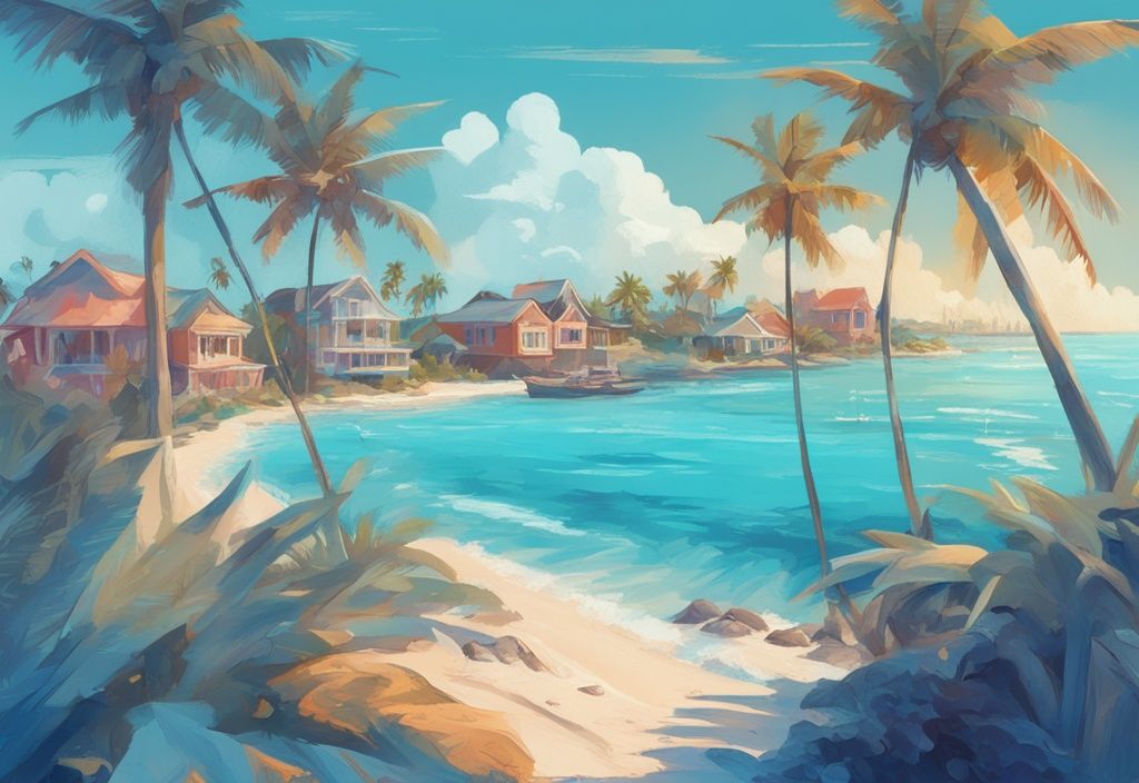 Moderne digitale Malerei mit blauem Farbschema, die die Küste der Bahamas mit Palmen und Villen im Hintergrund zeigt, während im Vordergrund hohe Stapel verschiedener Kryptowährungen mit dem Etikett 'Steuer' zu sehen sind.