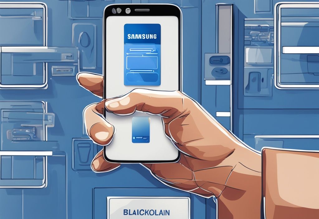 Samsung Smartphone mit sicherer App, die den Samsung Blockchain Keystore darstellt, moderne digitale Illustration in Blau.