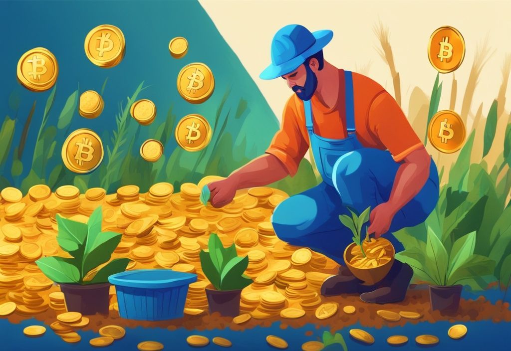 Moderner digitaler Malereien-Illustration in Blau: Ein Bauer erntet goldene Münzen mit Kryptowährungssymbolen von digitalen Pflanzen auf einem Feld, was das Konzept des Yield Farming darstellt.