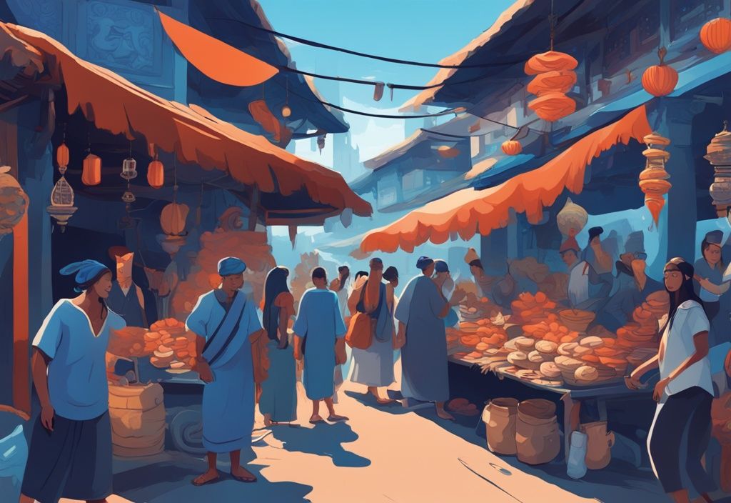 Moderne digitale Illustration eines lebhaften antiken Marktes mit Naga-Kreaturen und verschiedenen Kulturen, Hauptfarbe Blau.
