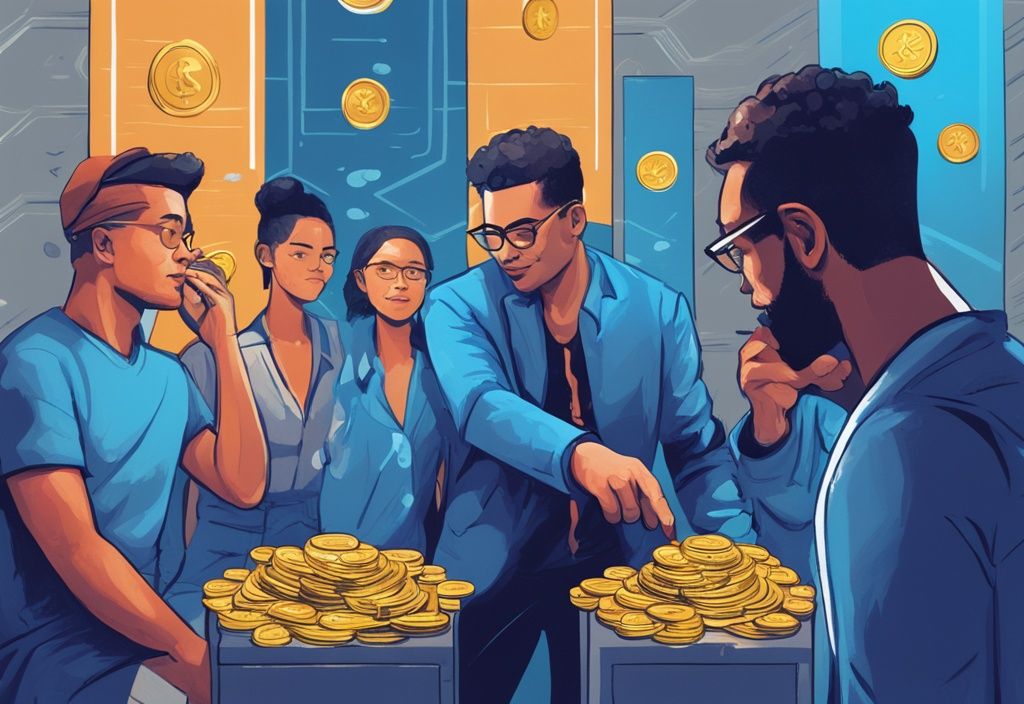 Moderne digitale Illustration in Blau, diverse Menschen untersuchen verschiedene Münzen mit CoinEx-Logo, reflektiert unterschiedliche CoinEx Erfahrungen
