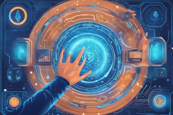 Futuristische Hände interagieren mit holografischem Gaming-Interface mit Kryptowährungssymbolen und Grafiken, Crypto Gaming