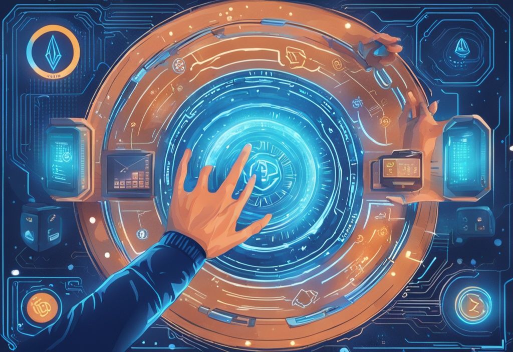 Futuristische Hände interagieren mit holografischem Gaming-Interface mit Kryptowährungssymbolen und Grafiken, Crypto Gaming
