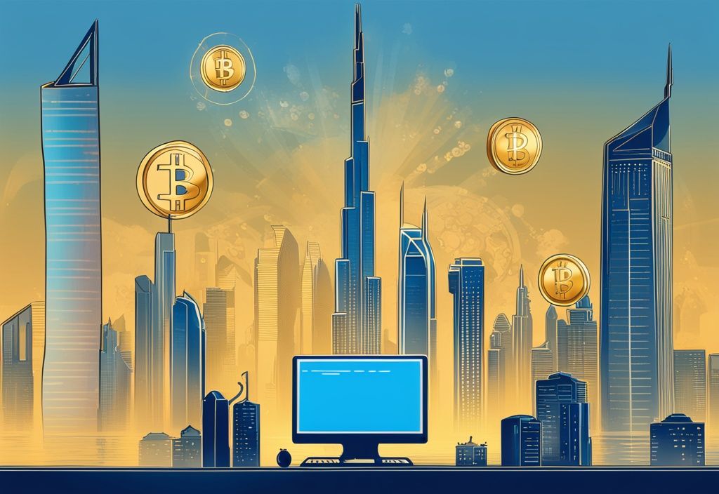 Moderne digitale Malerei mit blauen Farbtönen, Dubai-Wolkenkratzer im Hintergrund, Computerbildschirm mit Kryptowährungschart und Goldmünze mit der Aufschrift "TAX" im Vordergrund.