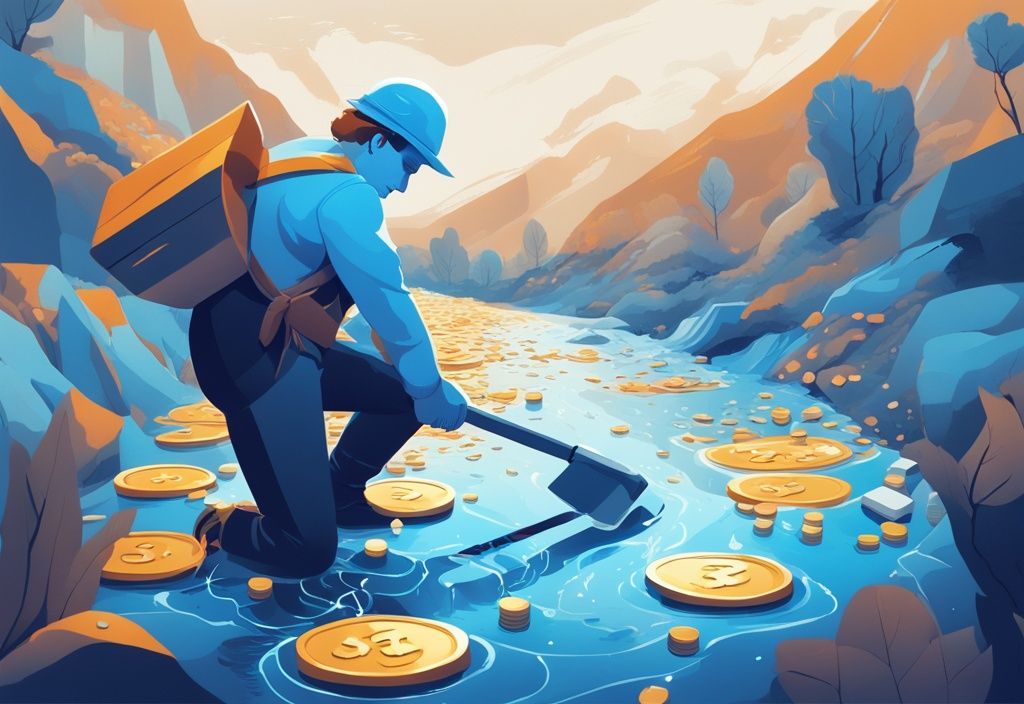 Moderne digitale Malerei mit blauem Farbschema, zeigt digitalen Minenarbeiter mit Spitzhacke, der glitzernde Münzen aus einem Datenstrom zieht, symbolisiert den Prozess von Liquidity Mining Rendite.