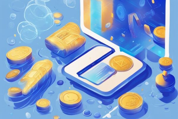 Moderne digitale Malerei mit blauem Farbschema, verschiedene digitale Token auf einem Bildschirm verstreut, mit der Definition von "was sind Token" im Vordergrund beleuchtet.