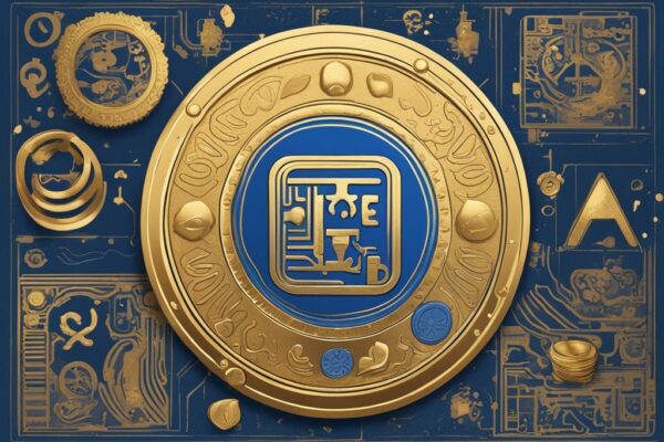 Moderne digitale Malerei mit blauem Farbschema, zeigt eine goldene Münze mit der Aufschrift "BonkCon", umgeben von digitalen Symbolen und Icons. Keyword: was ist BonkCon Coin.