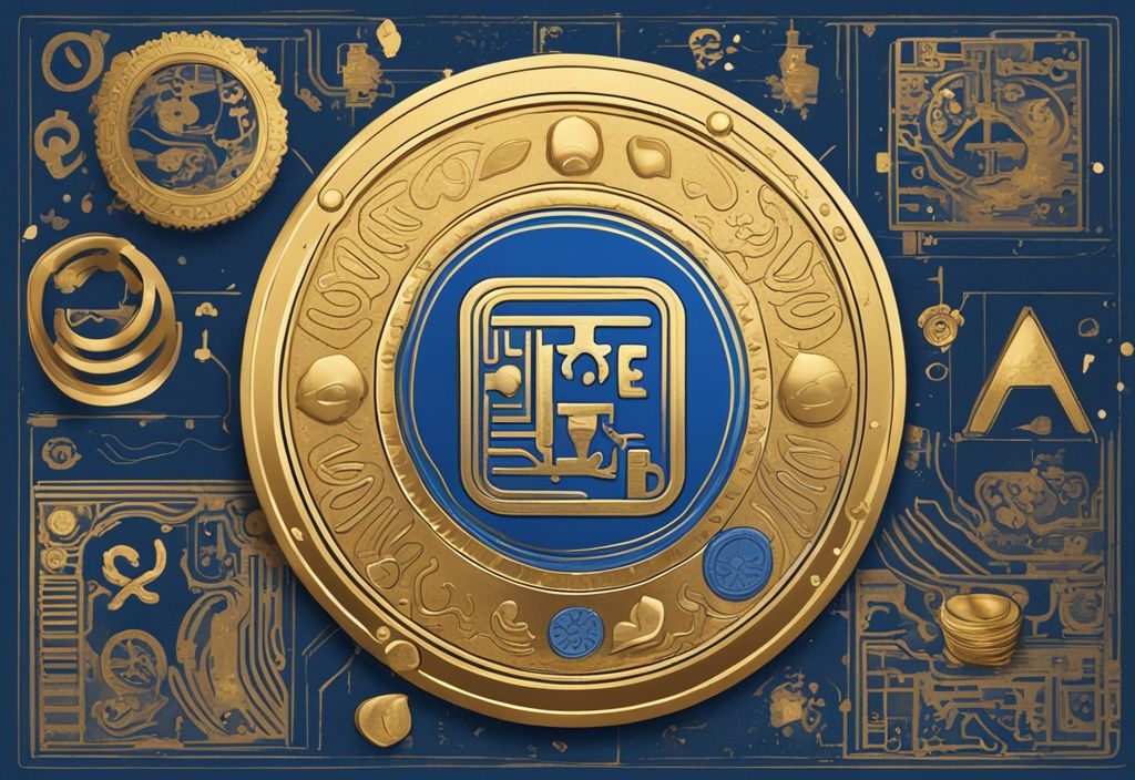 Moderne digitale Malerei mit blauem Farbschema, zeigt eine goldene Münze mit der Aufschrift "BonkCon", umgeben von digitalen Symbolen und Icons. Keyword: was ist BonkCon Coin.