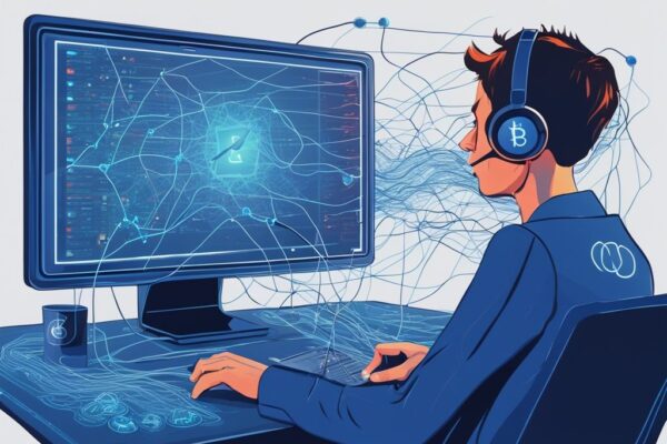 Moderne digitale Illustration mit blauem Farbschema, zeigt ein komplexes Netzwerk von Kabeln, die in einen Laptop-Bildschirm führen, der ein Diagramm verschiedener trendender Kryptowährungen anzeigt, symbolisiert den Prozess Kryptowährungen automatisch handeln.