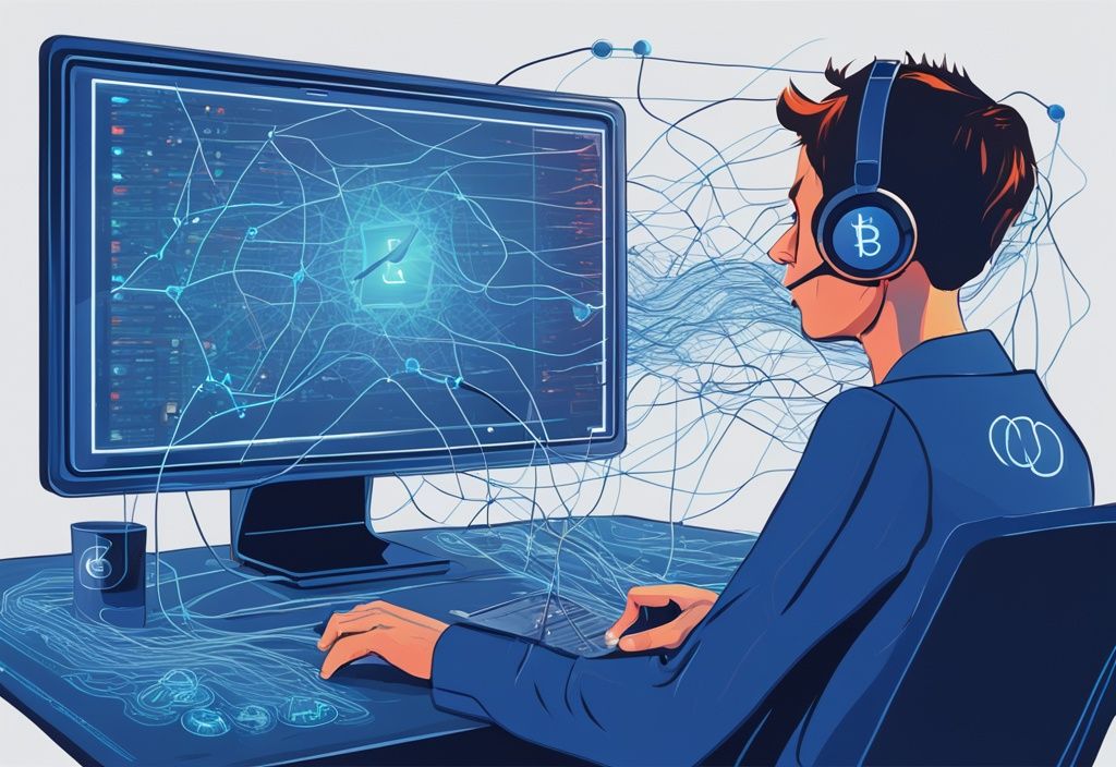 Moderne digitale Illustration mit blauem Farbschema, zeigt ein komplexes Netzwerk von Kabeln, die in einen Laptop-Bildschirm führen, der ein Diagramm verschiedener trendender Kryptowährungen anzeigt, symbolisiert den Prozess Kryptowährungen automatisch handeln.