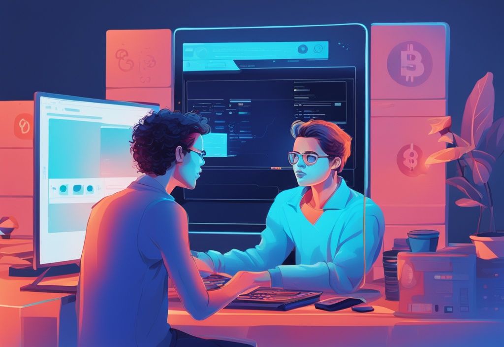 Junger neugieriger Benutzer interagiert mit einer vereinfachten, intuitiven Oberfläche einer Krypto Börse für Anfänger auf einem Desktop-Computer, modernes digitales Gemälde in Blautönen.