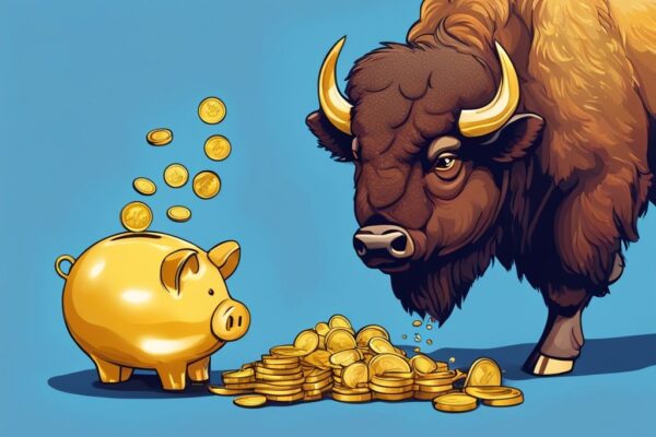 Moderner digitaler Gemälde-Illustration mit einem blauen Farbschema: Ein Bison legt eine goldene Münze in ein transparentes Sparschwein, das sich allmählich mit weiteren Goldmünzen füllt. Bison Sparplan.