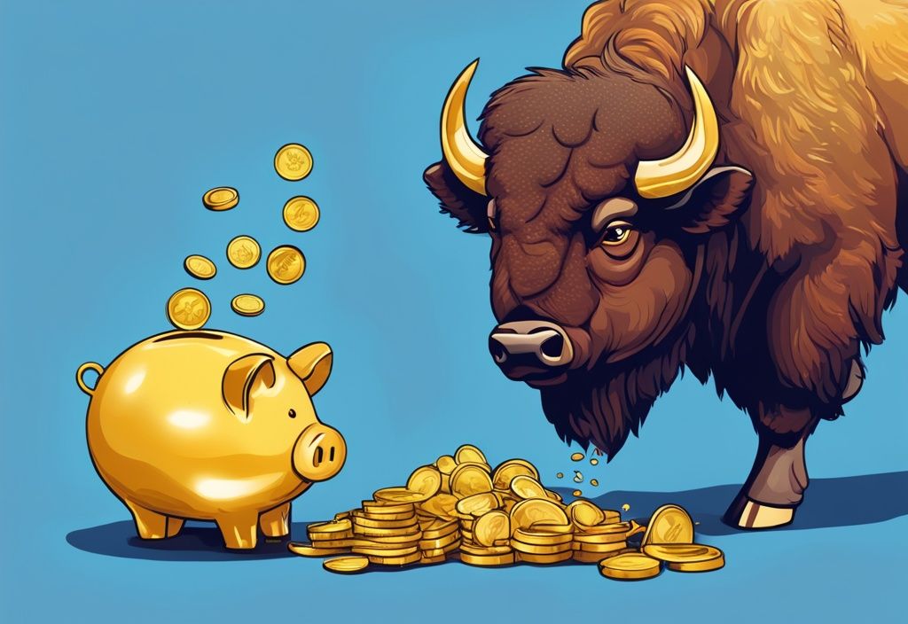 Moderner digitaler Gemälde-Illustration mit einem blauen Farbschema: Ein Bison legt eine goldene Münze in ein transparentes Sparschwein, das sich allmählich mit weiteren Goldmünzen füllt. Bison Sparplan.