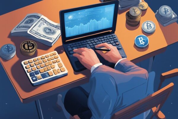 Anleitung: Wie viel in Krypto investieren Anfänger für optimalen Start Ein Anfänger untersucht einen Leitfaden über Krypto-Investitionen, mit verschiedenen Kryptowährungsmünzen und einem Taschenrechner auf dem Schreibtisch, moderne digitale Illustration, Hauptfarbthema Blau, wie viel in Krypto investieren Anfänger.