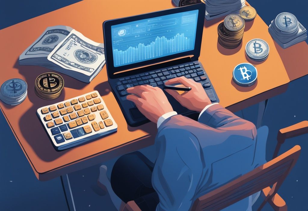 Ein Anfänger untersucht einen Leitfaden über Krypto-Investitionen, mit verschiedenen Kryptowährungsmünzen und einem Taschenrechner auf dem Schreibtisch, moderne digitale Illustration, Hauptfarbthema Blau, wie viel in Krypto investieren Anfänger.