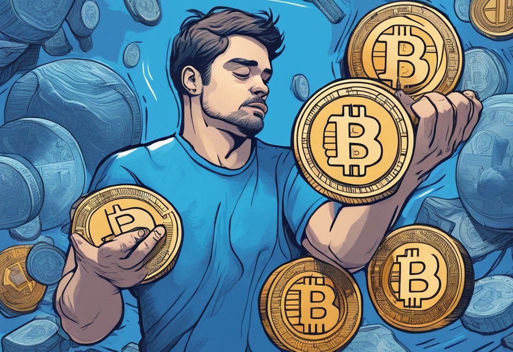 Moderne digitale Malerei mit blauem Farbschema, Person hält fest physische Repliken verschiedener Kryptowährungen, "HODL" fett im Hintergrund graviert