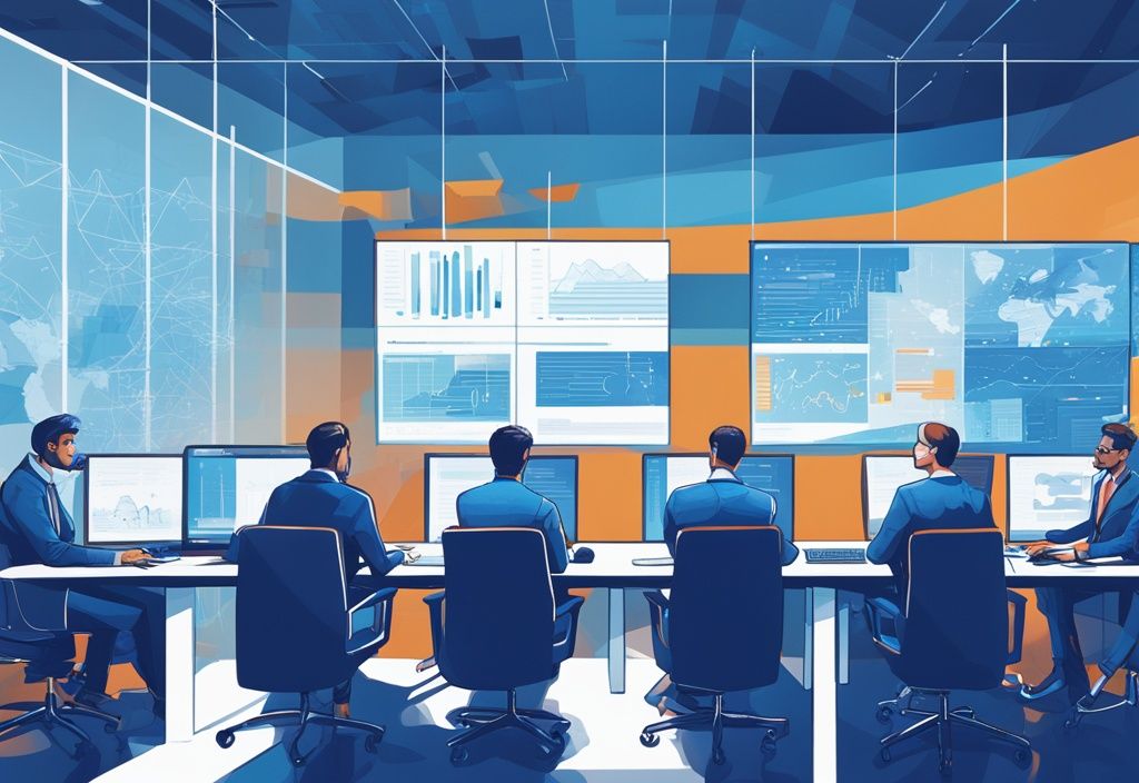 Moderne digitale Malerei, die eine diverse Gruppe von Fachleuten in einer High-Tech-Büroumgebung zeigt, die grafische Daten zu Blockchain Access UK Ltd auf mehreren Bildschirmen betrachten und diskutieren.