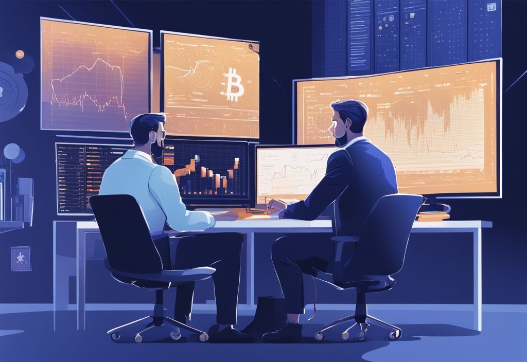 Berater am modernen Schreibtisch mit Bildschirmen, die Kryptowährungscharts anzeigen, bespricht Steuerfragen mit besorgtem Kunden, digitale Illustration in Blau.