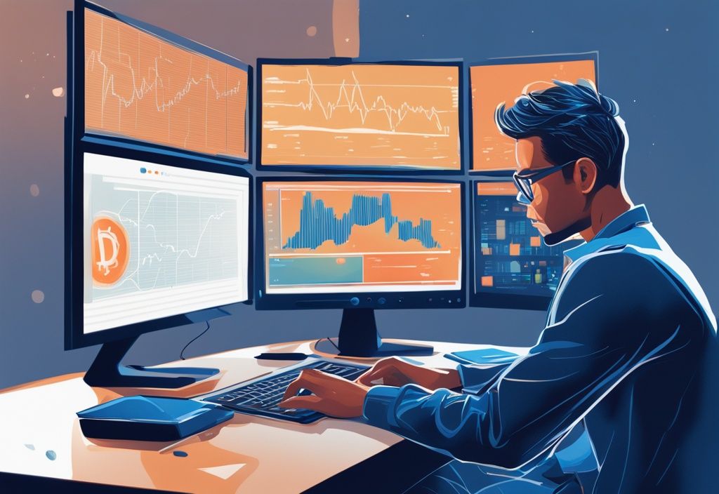 Moderne digitale Malerei mit blauem Farbschema, die einen unerfahrenen Investor zeigt, der Kryptowährungsdiagramme auf einem Computerbildschirm studiert.