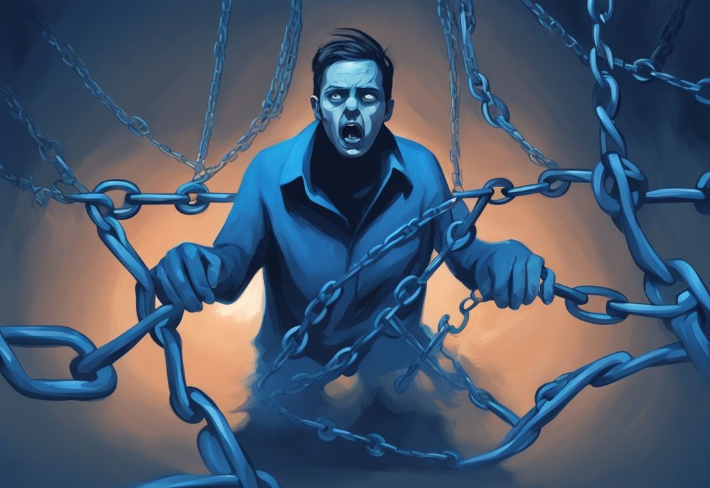 Moderne digitale Malerei mit Blau als Hauptfarbe: Eine verängstigte Person, gefesselt von Ketten mit den Beschriftungen "Angst", "Unsicherheit" und "Zweifel". was ist FUD