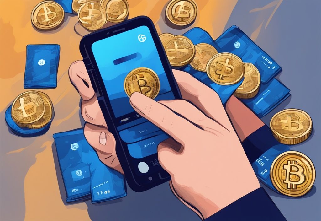 Moderne digitale Malerei mit blauen Farbtönen, Hände halten ein Smartphone mit einer Krypto-Wallet-App, die eine Transaktion von 100 Euro in Bitcoin zeigt, 100 Euro in Krypto investieren.