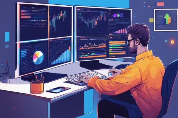 Moderne digitale Illustration eines Menschen, der am Computer sitzt und bunte Kryptowährungsgrafiken sowie einen Anfängerleitfaden zum Kryptowährung investieren für Anfänger studiert.