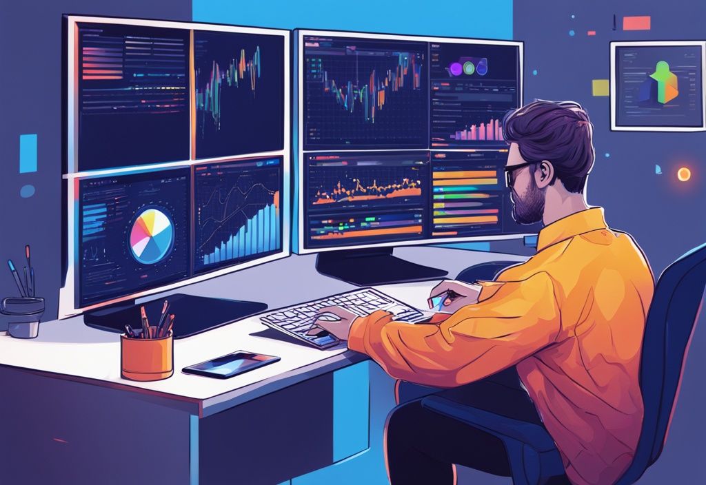 Moderne digitale Illustration eines Menschen, der am Computer sitzt und bunte Kryptowährungsgrafiken sowie einen Anfängerleitfaden zum Kryptowährung investieren für Anfänger studiert.
