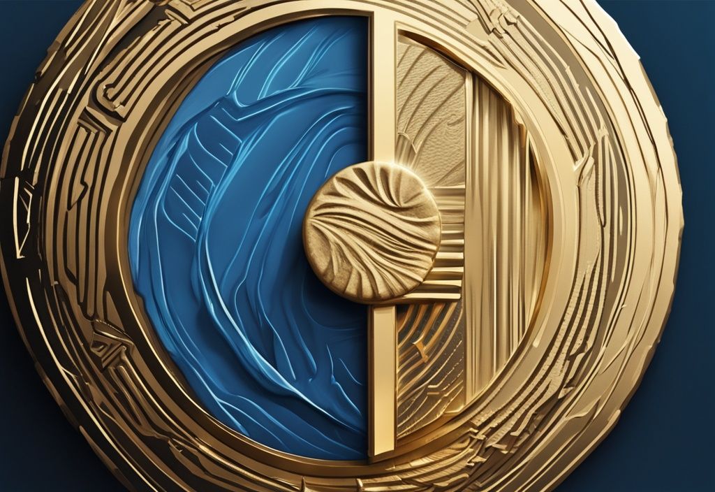 3D Goldmünze mit eingraviertem The Graph Coin Symbol, glänzend unter weichem Licht vor dunklem Hintergrund, moderne digitale Illustration in Blau.