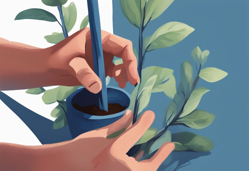 Moderne digitale Illustration, Hände stützen jungen Setzling mit Holzpfahl, Konzept des Stützens, Hauptfarbe Blau