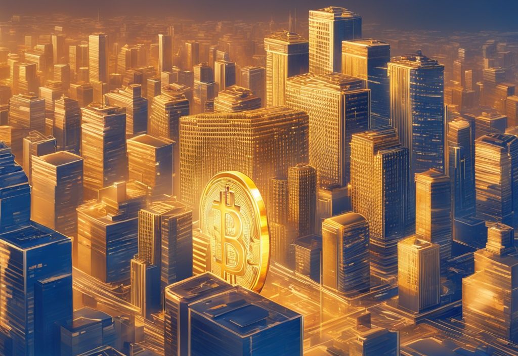 Moderne digitale Malerei mit blauem Farbschema, ein hoher Stapel goldener Bitcoin-Münzen neben einer Miniaturstadt, symbolisiert die enorme Größe der Bitcoin-Blockchain.