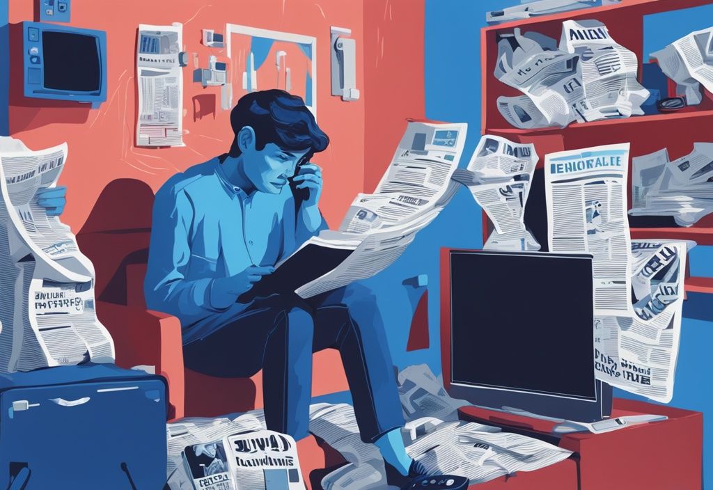 Moderne digitale Illustration in Blau, die eine besorgte Person zeigt, umgeben von verschiedenen Medien wie Zeitungen, Social Media Posts und TV-Bildschirmen, die widersprüchliche Informationen anzeigen und Gefühle von Angst, Unsicherheit und Zweifel (FUD) hervorrufen.