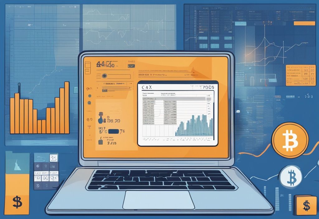 Moderne digitale Malerei mit blauem Farbschema, Laptop-Bildschirm zeigt benutzerfreundliches Interface eines Krypto-Steuer-Tools mit Daten-Grafiken, Krypto-Symbolen und Steuerberechnungen.