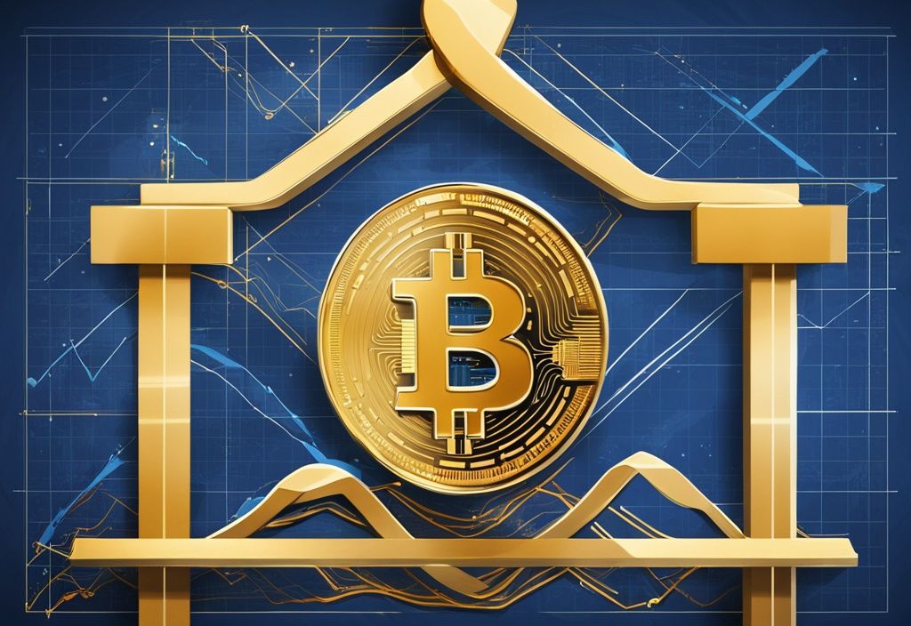 Moderne digitale Malerei mit blauem Farbschema, goldenem Kreuz, Bitcoin-Symbol und steigender Trendlinie vor Finanzdiagrammen und -grafiken.