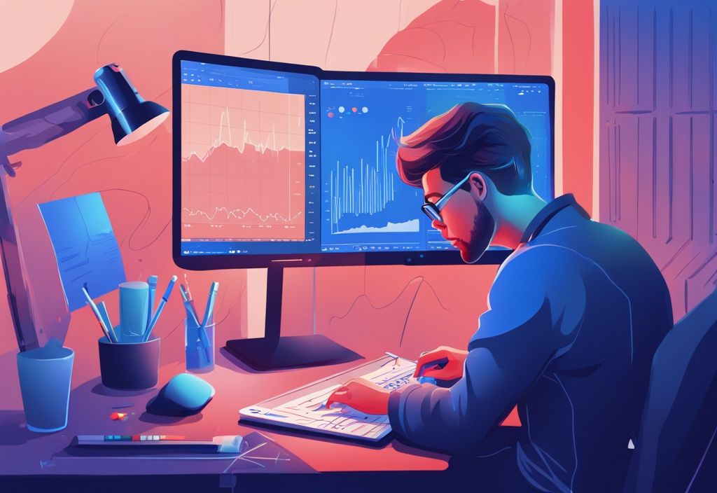 Moderne digitale Illustration in Blautönen, Person analysiert erfolgreiche Handelsdiagramme und -charts durch Cryptohopper Erfahrungen am Computer.