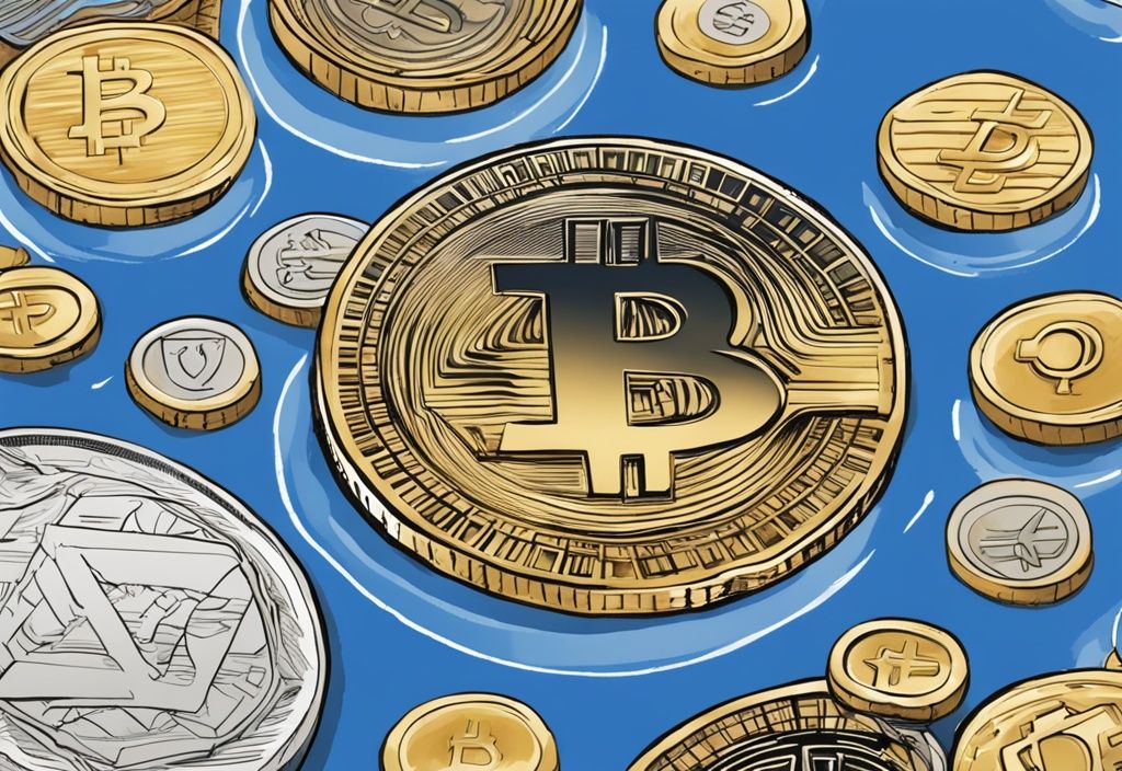 Moderne digitale Malerei mit blauem Farbschema, verschiedene Kryptowährungen als physische Münzen in aufsteigender Reihenfolge, endend mit einem gestempelten Dokument, das den Mittelherkunftsnachweis Krypto bestätigt.