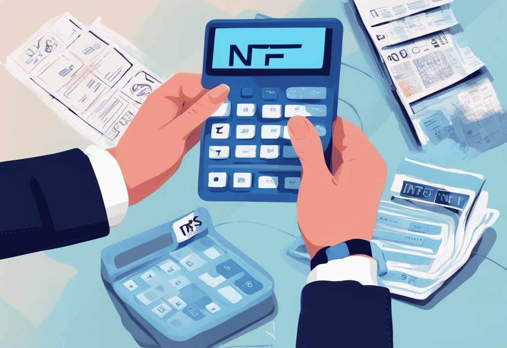 Moderne digitale Malerei mit blauem Farbschema, Nahaufnahme von Händen, die ein physisches NFT-Kunstwerk umgeben von IRS-Formularen und Taschenrechnern halten, Konzept von NFT Steuern.