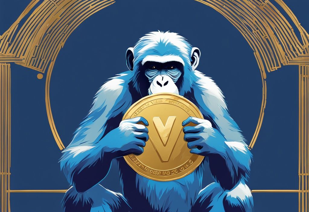 Moderne digitale Malerei eines anthropomorphen Affen, der eine große Goldmünze mit dem Symbol eines Affengesichts untersucht, das ApeCoin darstellt, Hauptfarbthema Blau.