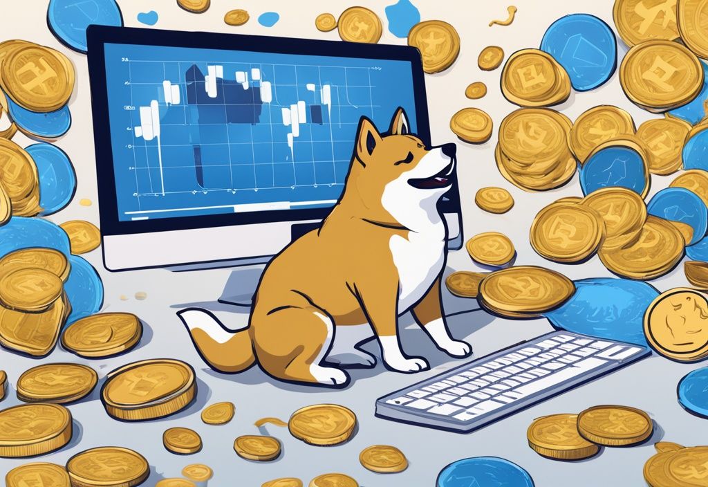 Moderne digitale Malerei mit blauem Farbschema, Meme Coins wie Dogecoin und Shiba Inu Coin auf einem Schreibtisch, Computerbildschirm im Hintergrund zeigt cartoonartige Wertschwankungen, was sind Meme Coins