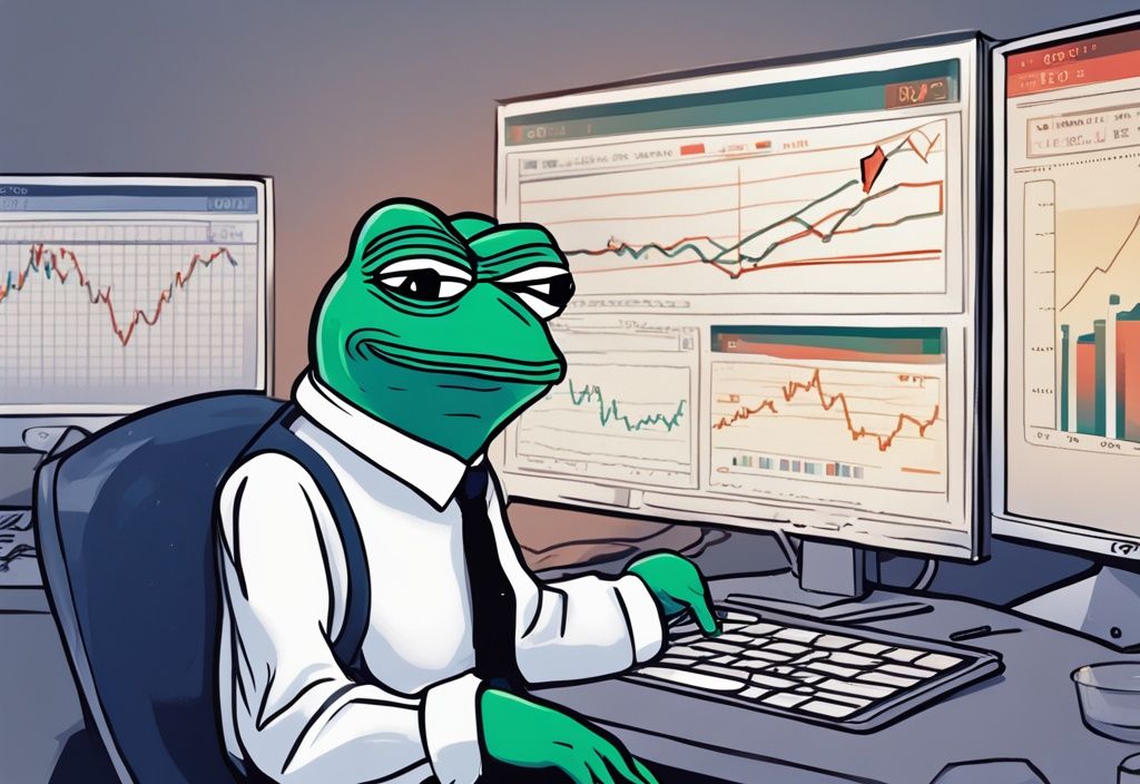 Pepe der Frosch als Börsenanalyst zeigt auf steigende Grafik, Pepe Coin Prognose