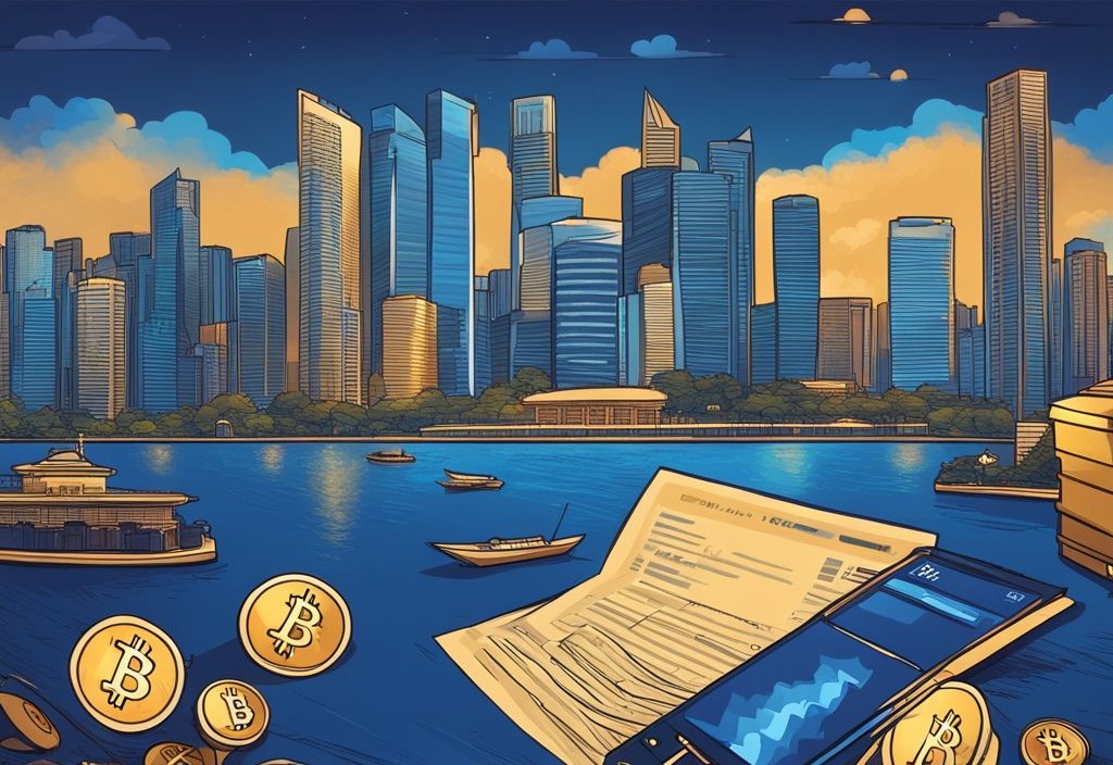 Moderne digitale Illustration mit blauem Farbschema, die die Skyline von Singapur zeigt, im Vordergrund ein goldener Bitcoin und ein Steuerformular, Krypto Steuern Singapur.