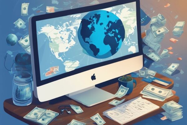 Moderne digitale Illustration in Blau mit einer Weltkugel und verschiedenen Währungen auf einem Holztisch, umgeben von Steuerformularen, im Hintergrund ein Computerbildschirm mit einer internationalen Handelsplattform - Trading Steuern im Ausland.