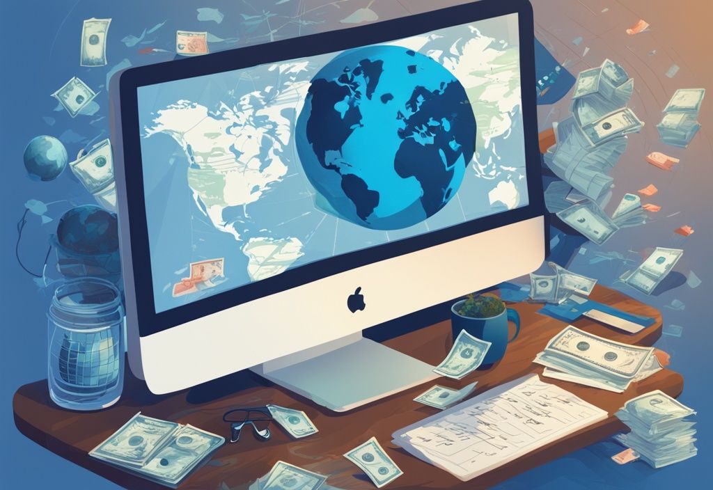 Moderne digitale Illustration in Blau mit einer Weltkugel und verschiedenen Währungen auf einem Holztisch, umgeben von Steuerformularen, im Hintergrund ein Computerbildschirm mit einer internationalen Handelsplattform - Trading Steuern im Ausland.