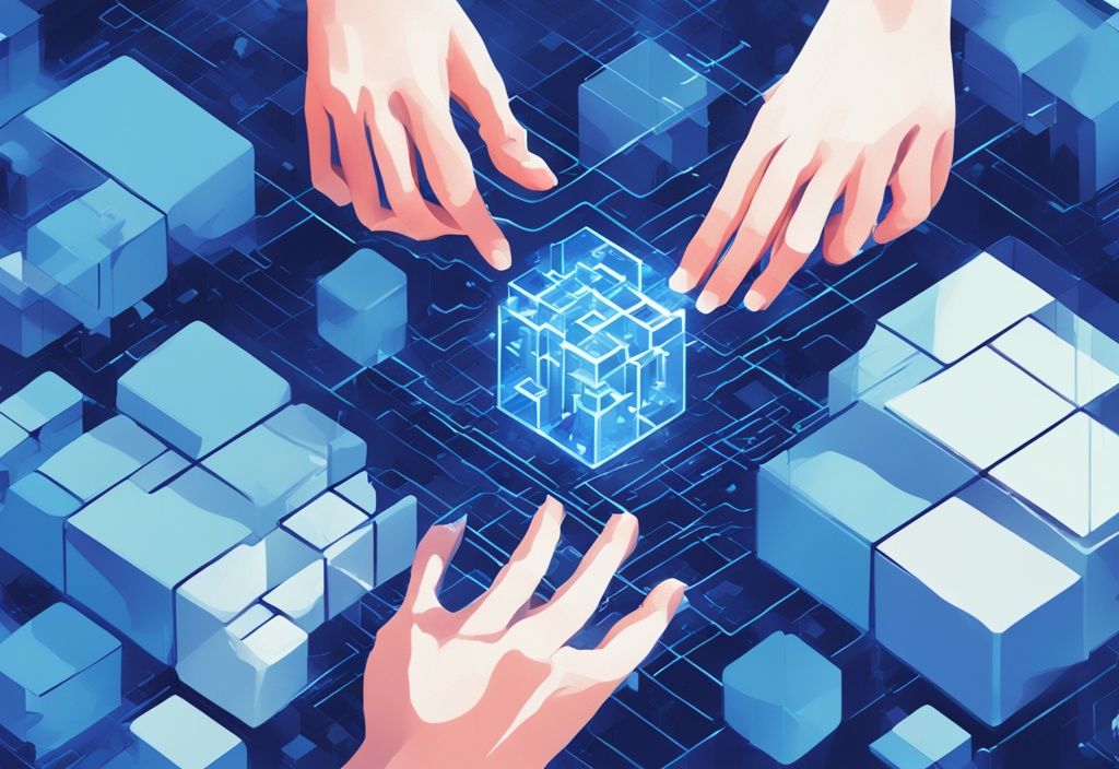 Moderne digitale Malerei mit blauen Farbtönen, vernetzte Blöcke, Hand fügt letzten Block hinzu, symbolisiert Erstellung einer maßgeschneiderten Blockchain.