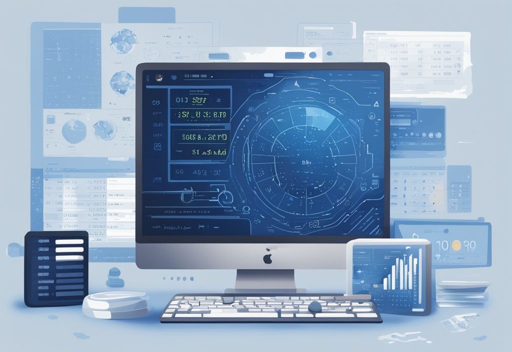 Moderner digitaler Gemäldeillustration mit blauem Farbschema, zeigt einen Computerbildschirm mit einer fortschrittlichen Software-Benutzeroberfläche für Krypto Steuer Tool zur Berechnung von Kryptowährungssteuern.