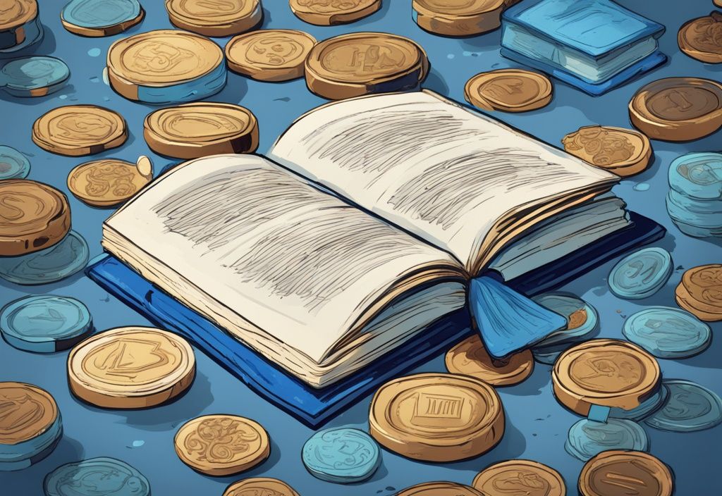 Moderne digitale Malerei mit blauem Farbschema, zeigt ein großes, fein gestaltetes Buch, das verschiedene stilisierte Meme-Coins auf einer geöffneten Seite darstellt.