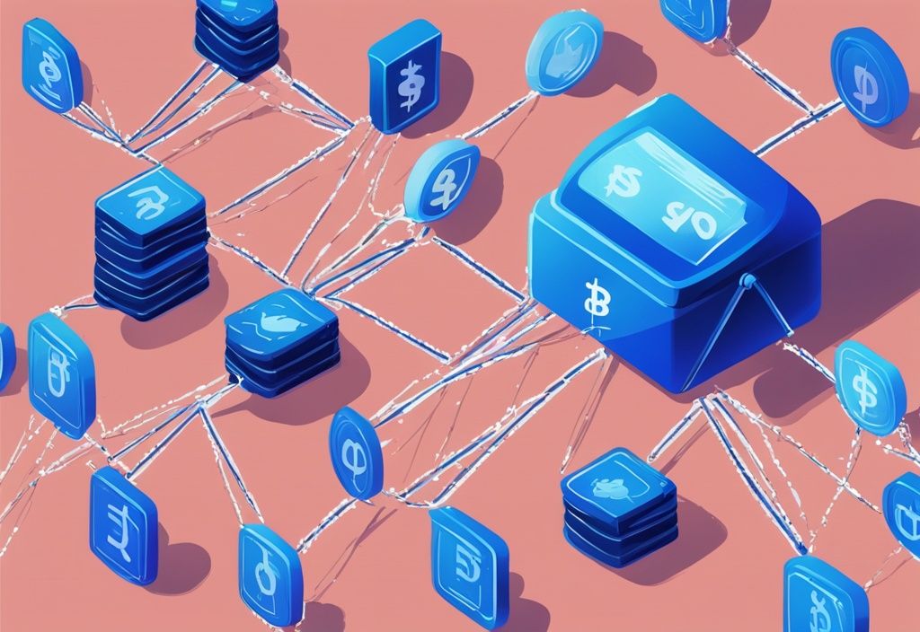 Digitale Illustration eines Geldtransfers von einem Blockchain-Netzwerk zu einem traditionellen Bankkonto, symbolisiert Blockchain-Auszahlung, Hauptfarbe Blau