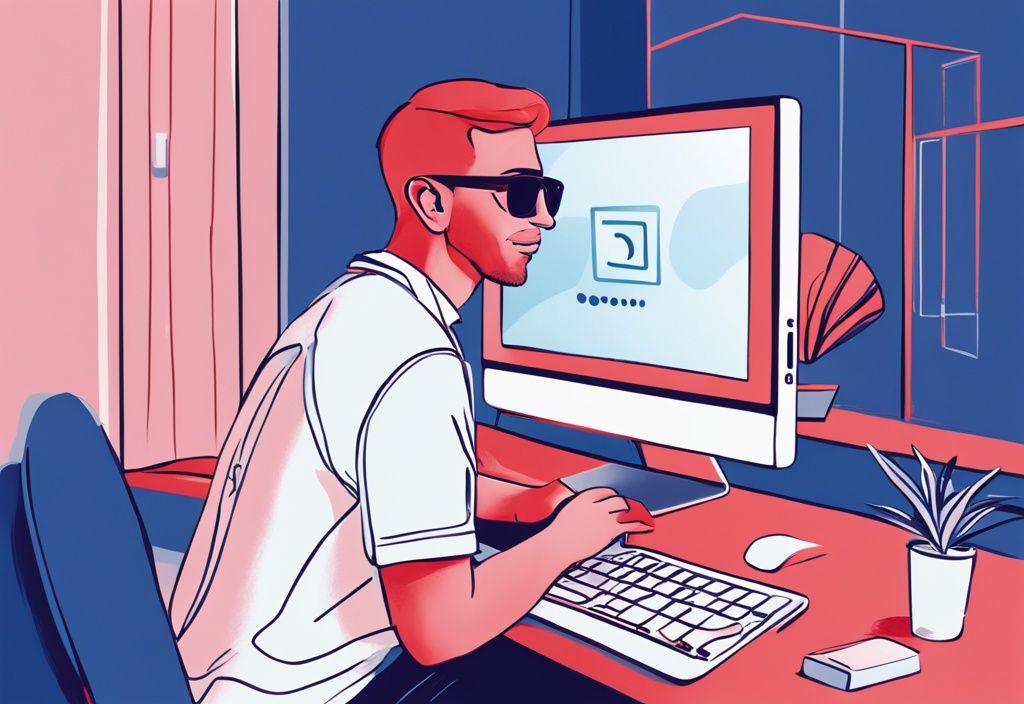 Moderne digitale Illustration einer Person, die Erleichterung, Zufriedenheit und Komfort vor ihrem Computer zeigt, positive Trezor Safe 3 Erfahrungen darstellend, Hauptfarbe Blau.