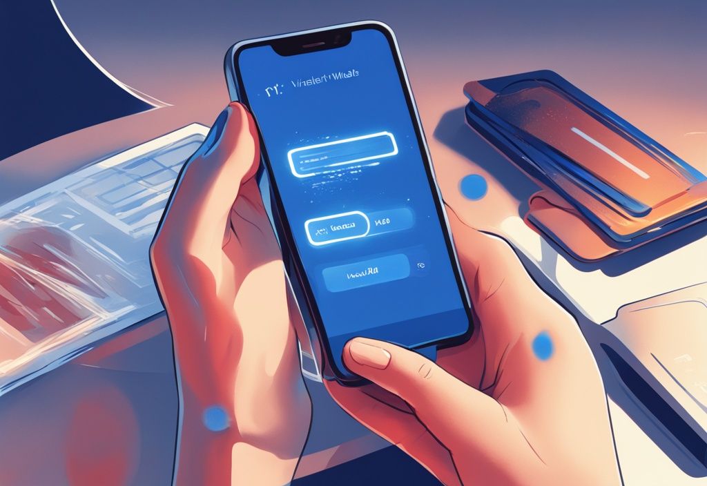 Benutzer führt Phoenix Wallet Test auf Smartphone durch, moderne digitale Illustration, blaue Farbthemen, App-Funktionen und Sicherheitsmaßnahmen prüfend.